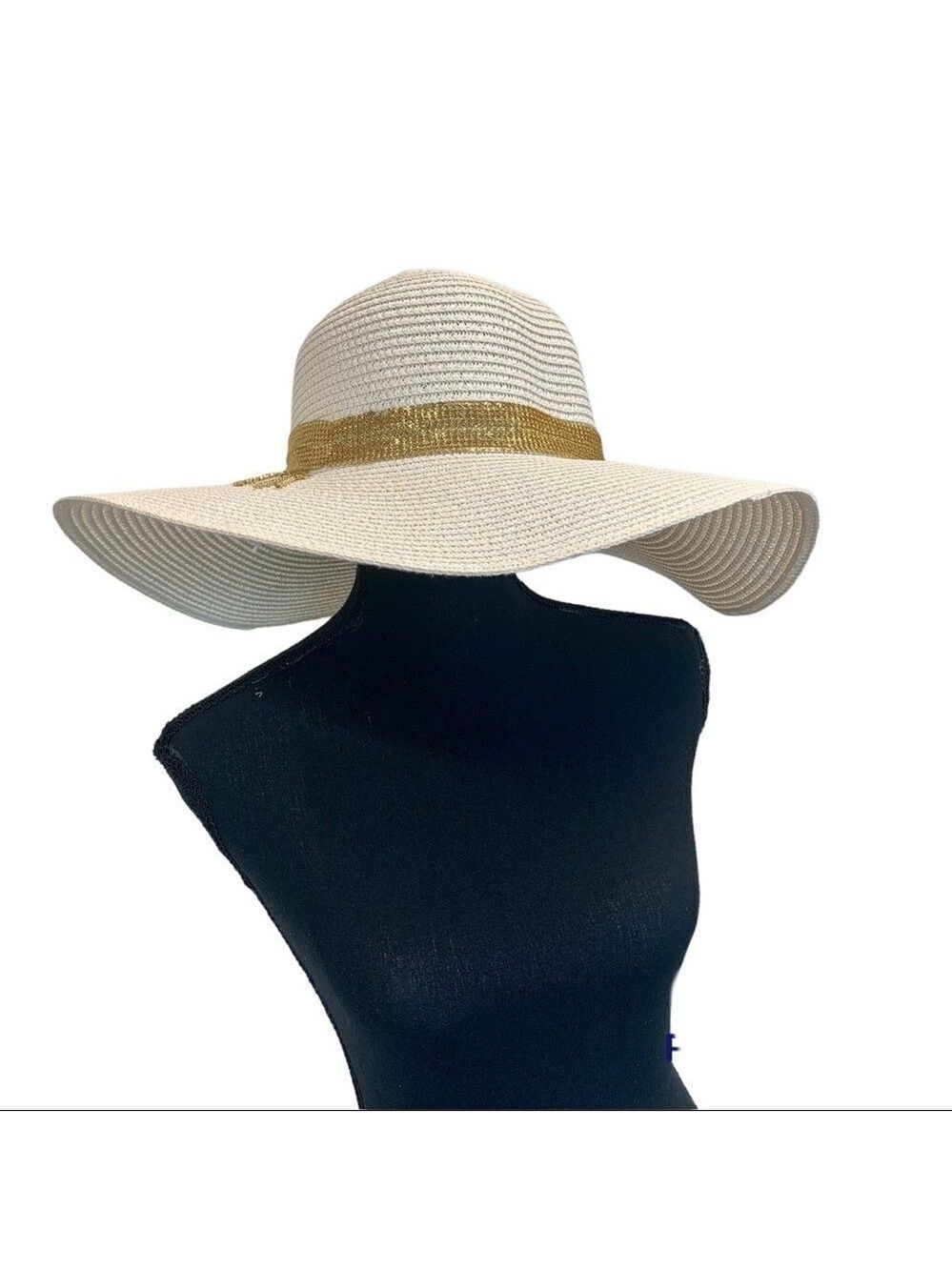 𝅺WHITE straw floppy hat gold chain metal embellished detail